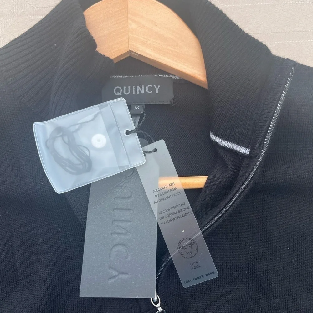 New Quincy Men Australian Wool Quarter Zip Sweater Black Size M